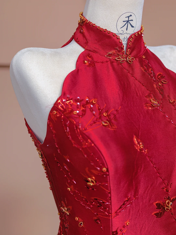 Red sleeveless fitted waist slim-fitting Chinese-style sexy and elegant ball gown/bridal dress R8339