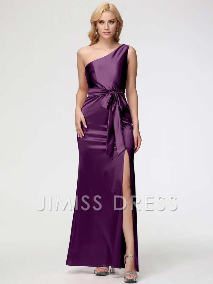 single shoulder trumpet/mermaid sleeveless pleated satin Prom dress