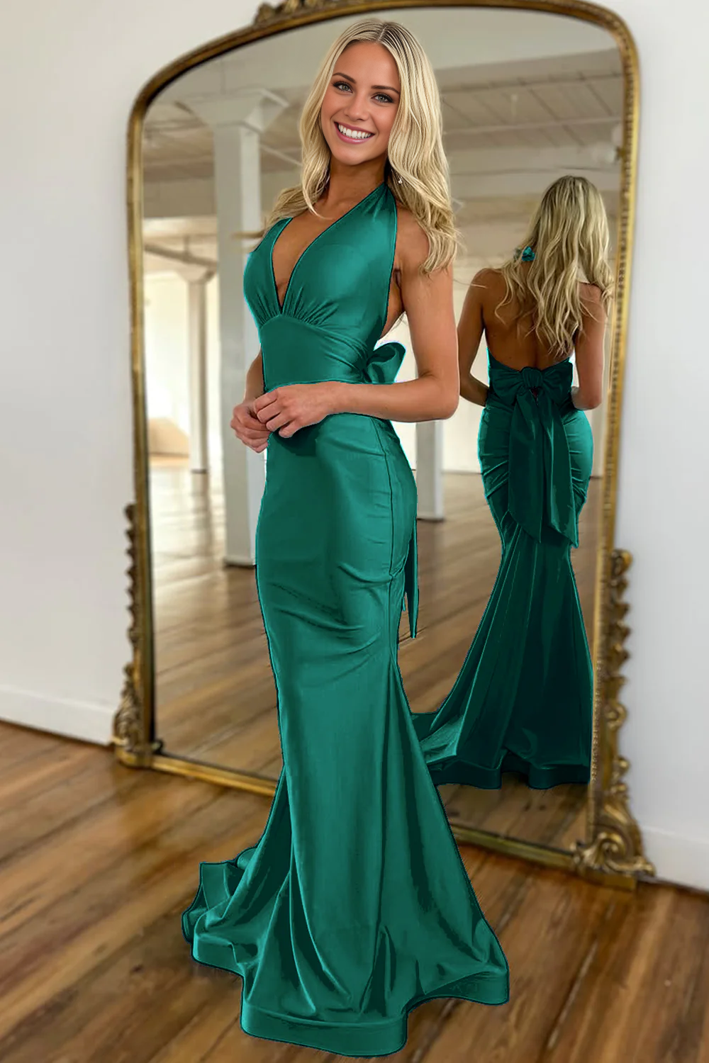 mermaid backless long satin bow Prom dress