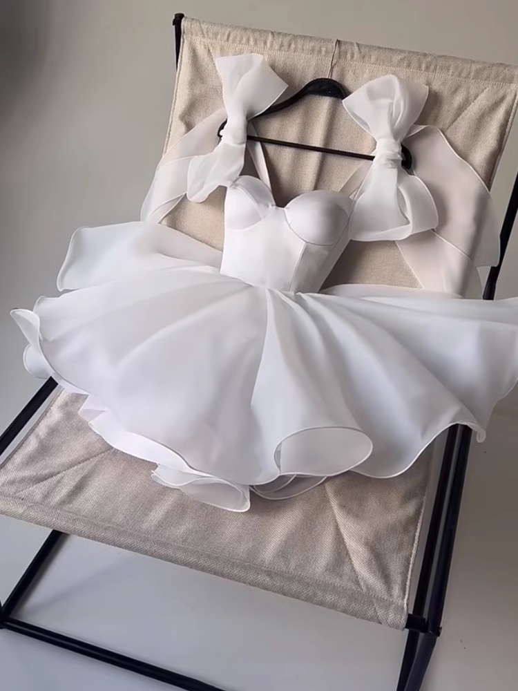 Cute Fashion White Bow Design A-line Tulle Party Dresses Homecoming Dresses, TP3841