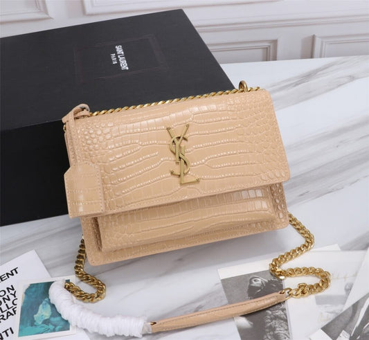 Saint Laurent Sunset Medium Chain Bag In Crocodile-Embossed Shiny Apricot 22Cm 442906DND0N9207