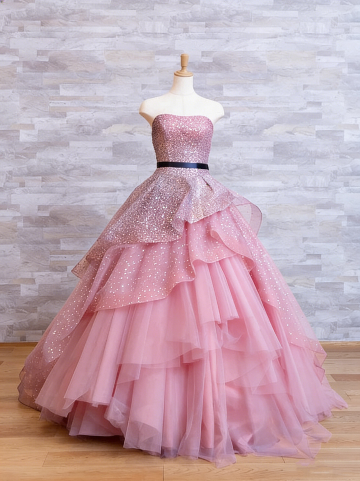 Elegant A-Line Navy Blue Strapless Beaded Floor-length Ball Gown TP2389