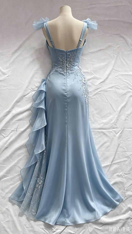 Vintage Dusty Blue Satin Mermaid Sweetheart Spaghetti Strap 3D Floral Lace Applique High Slit Ruffle Prom Dress TP5892