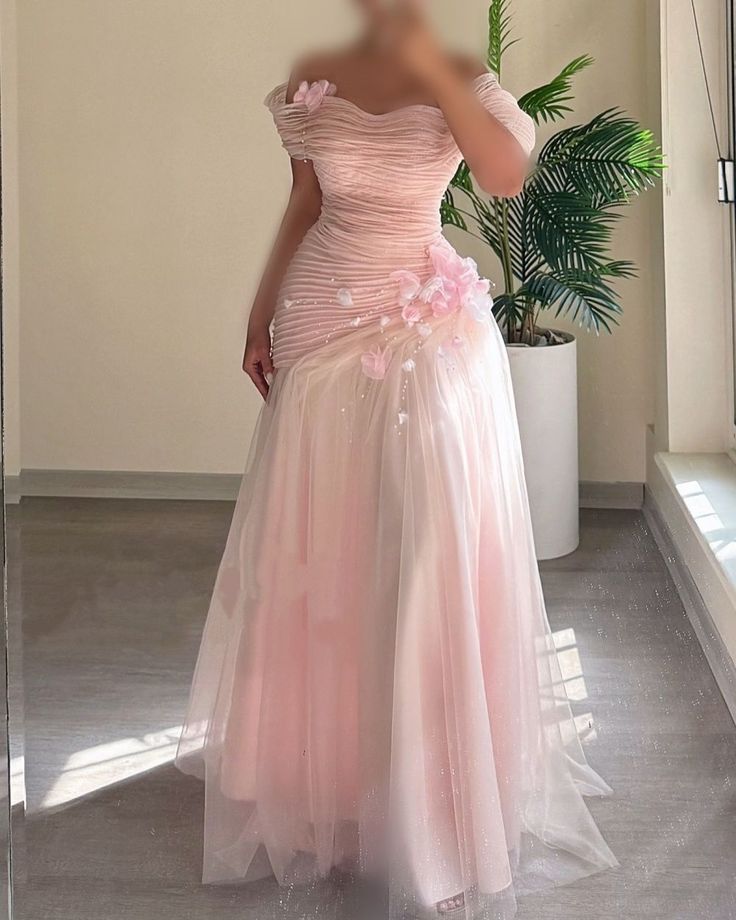 Glamorous Pink Off-the-Shoulder Tulle Evening Gown 3D Floral Appliques Prom Dress TP5782