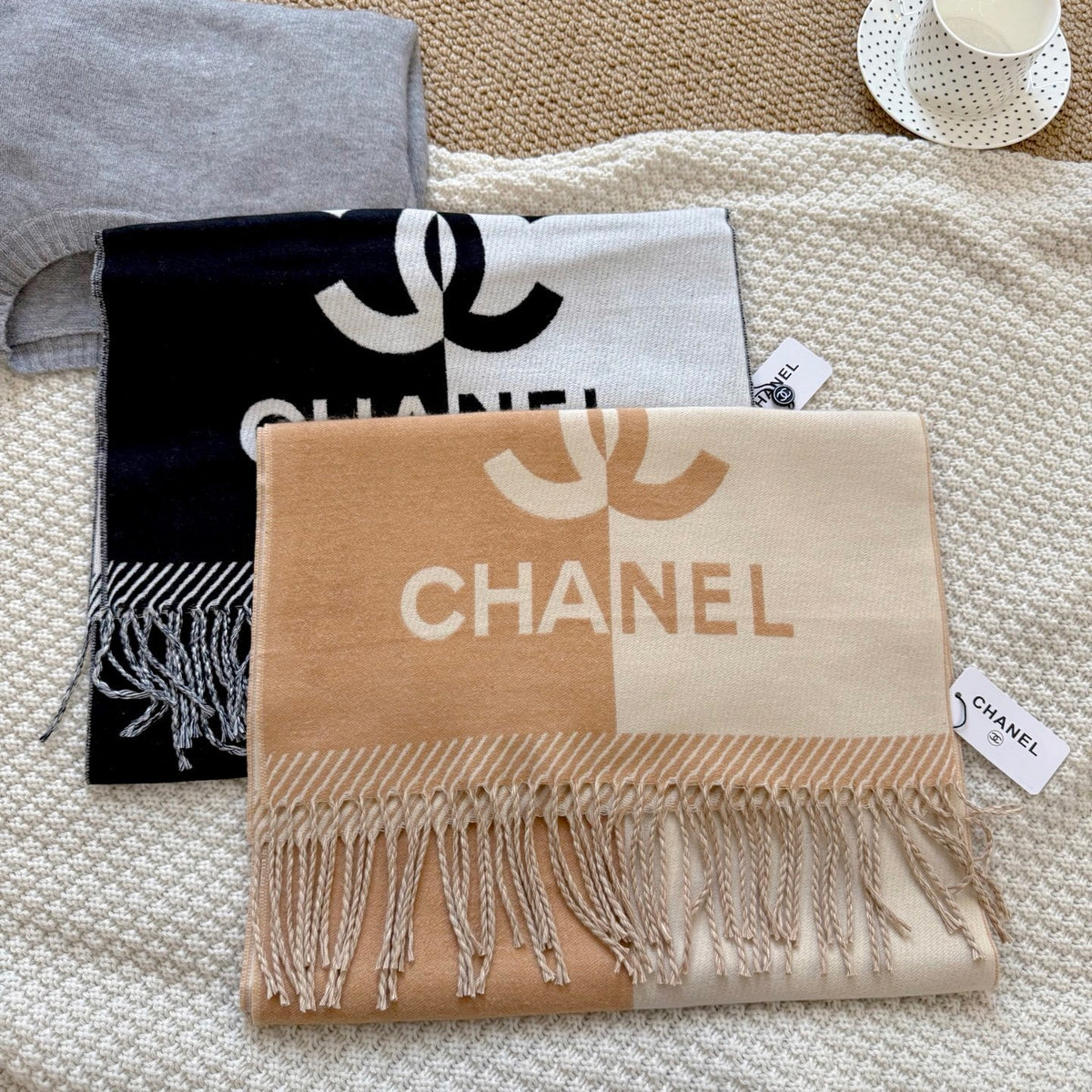 Chanel 24A Half Color Wool Scarf Beige 180Cm