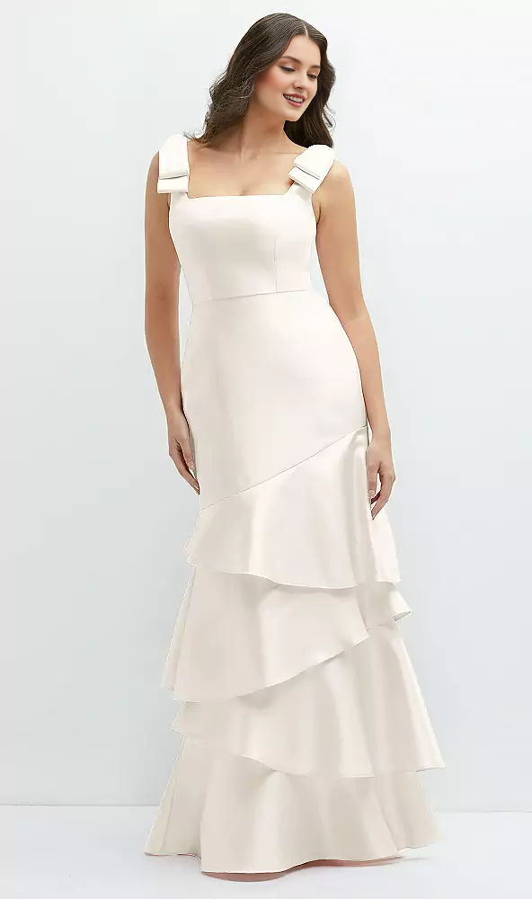 Asymmetric layered skirt with bow shoulder satin Prom dress