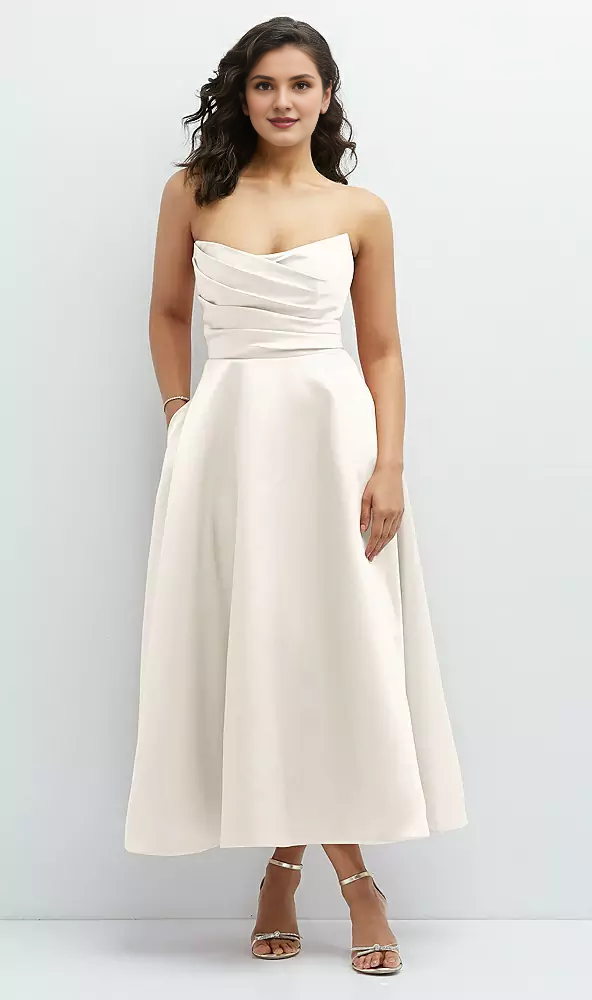 Hanging pleated tight corset strapless satin Prom dress