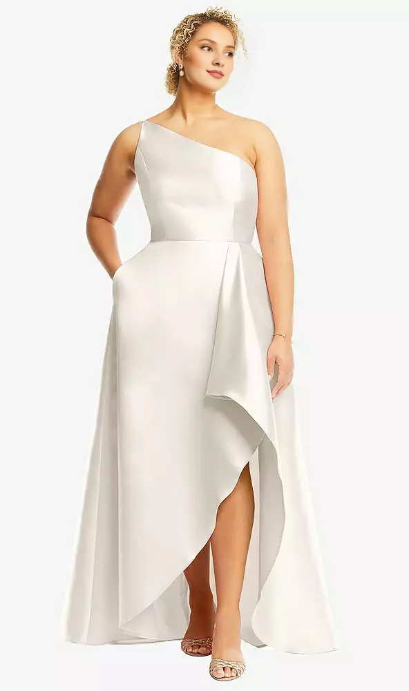 Drawn front slit and pocket with one shoulder satin Prom dress