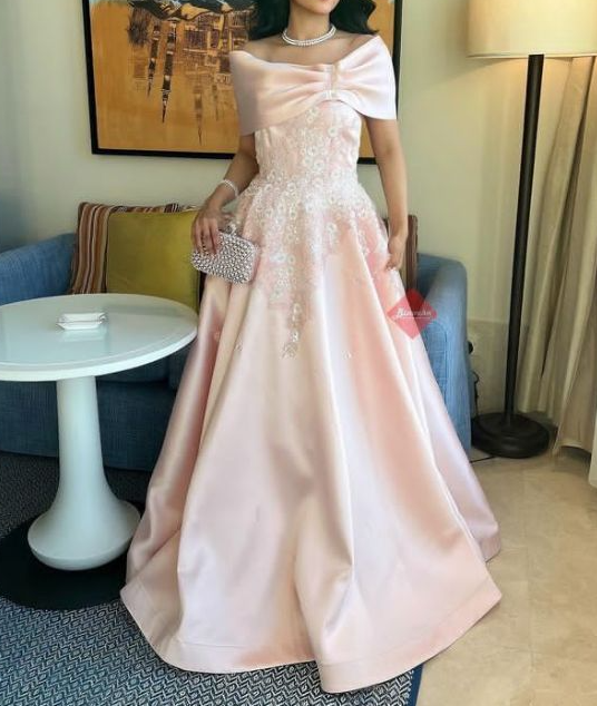 Cute Pink Off The Shoulder Satin Appliques Formal Princess Party Dress Prom Gown