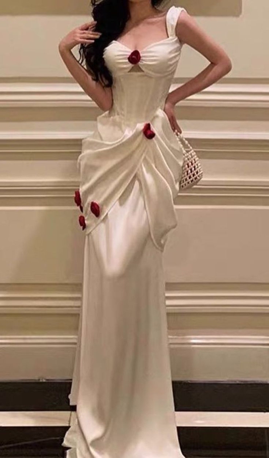 Elegant White Satin Flowers Evening Dress Long Prom Dress Wedding Dress Y7461