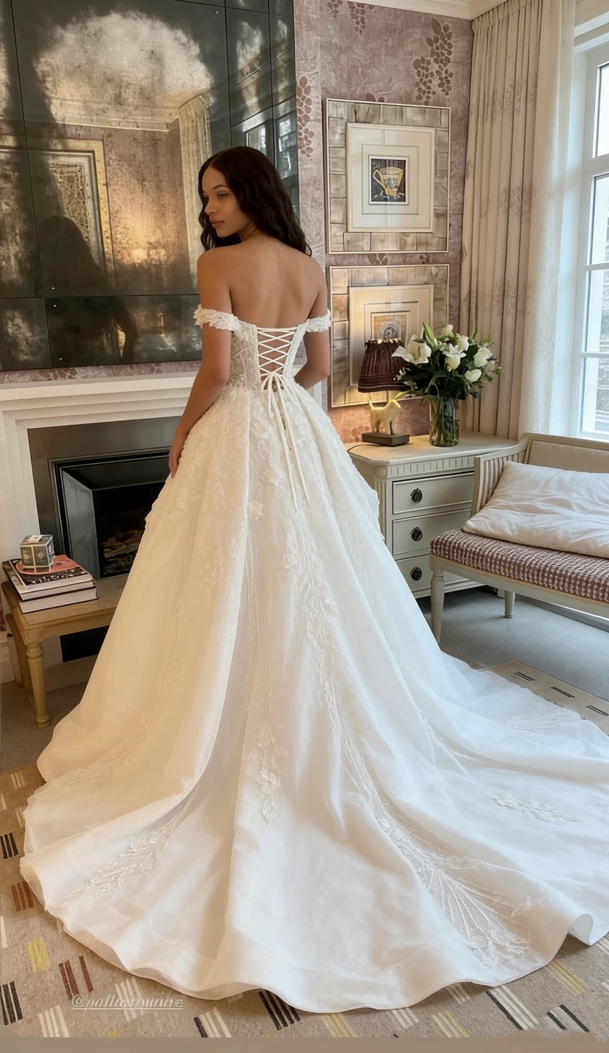 Dreamy Off-the-Shoulder Corset Wedding Dress High Slit Embroidered Bridal Gown TP1851