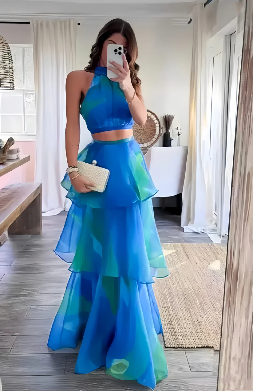 Beautiful Two Pieces Halter Long Evening Prom Dress With Ruffle,Tiered Chiffon Party Gown Y8025