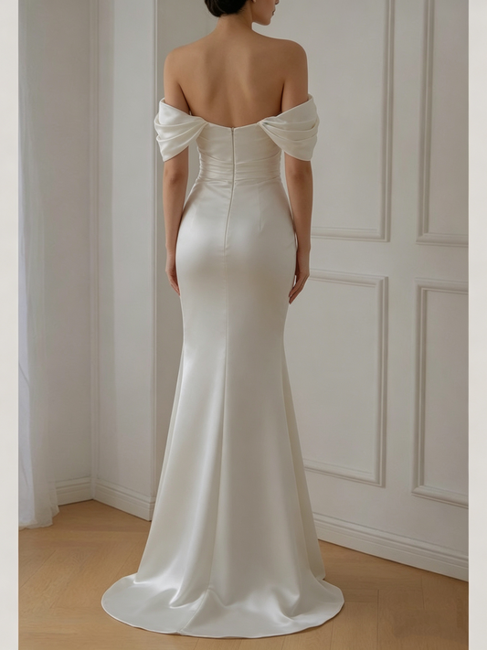 Elegant Off-the-Shoulder Ruched Satin Mermaid Wedding Dress TP5928