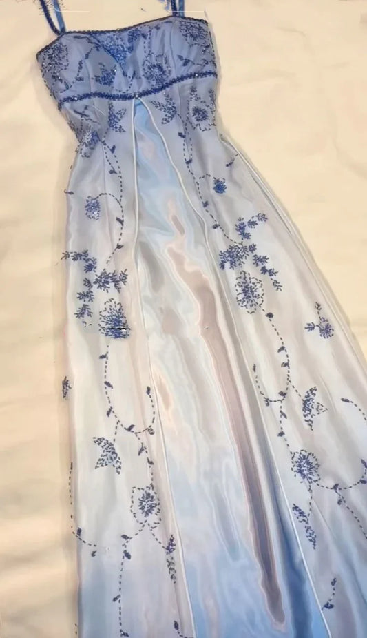 Girlhomeshops--Blue and white exquisite floral strap fashion long tulle floor-length ball gown graduation dress gh5520