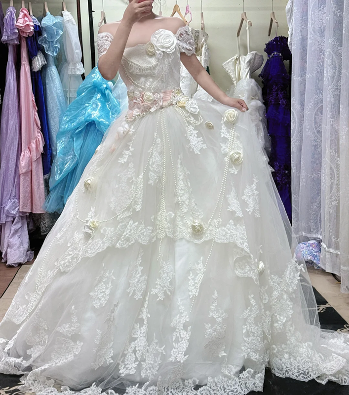 White off-the-shoulder fitted waist elegant classic ball gown, bridal dress R7246