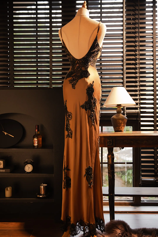 Light brownish-yellow halter-neck fitted waist bodycon sexy long ball gown R7729