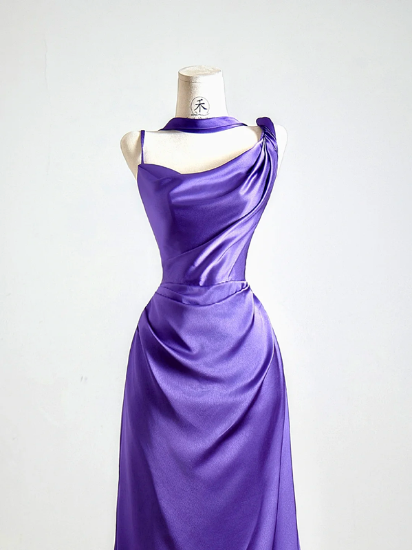 Purple halter-neck satin fitted long elegant ball gown R8147