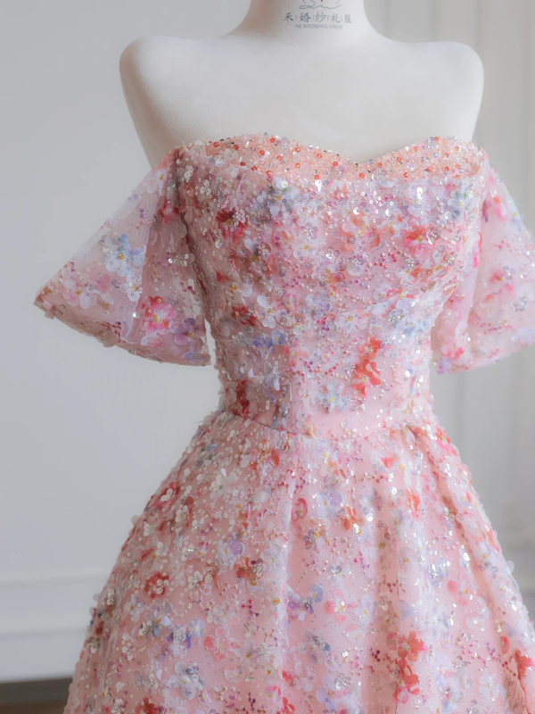 Light pink floral sequined off-the-shoulder fitted waist ball gown/bridal dress R8234