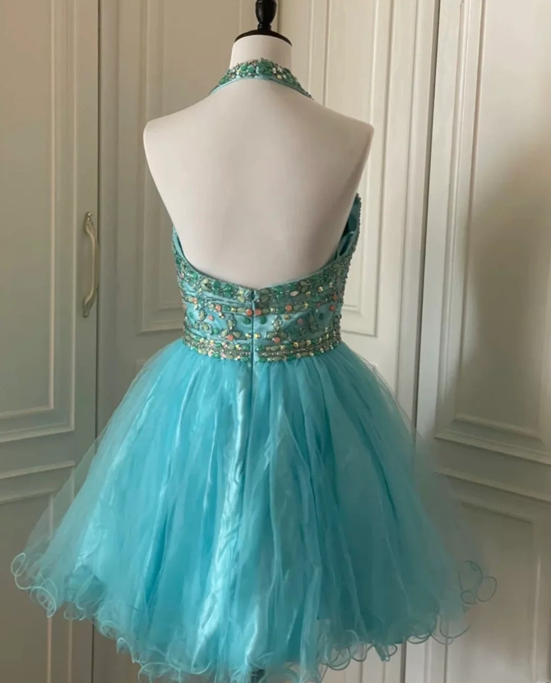 Blue Beaded Short Chiffon Homecoming Dress Prom Dress Birthday Party Dress gh4847