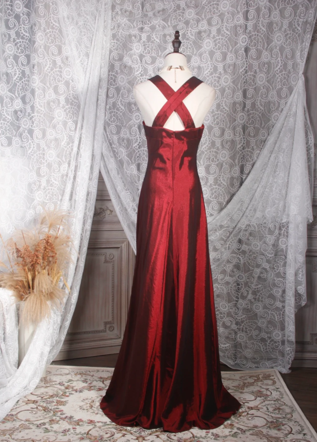Vintage Burgundy V Neck Satin Mermaid Long Prom Dress Party Gown