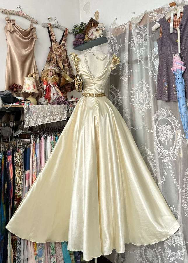 Vintage Yellow Satin Beaded Mermaid Long Party Dress 19th Birthday Outfits SP1873