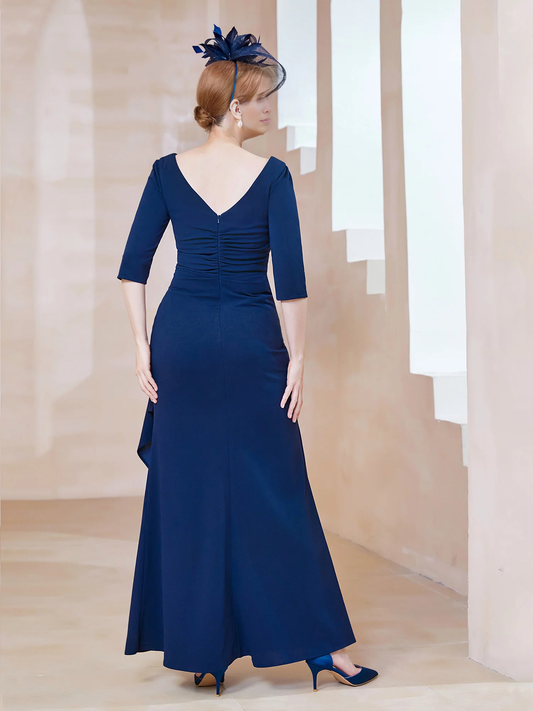 V-neck half sleeved pleated mother of the bride dress