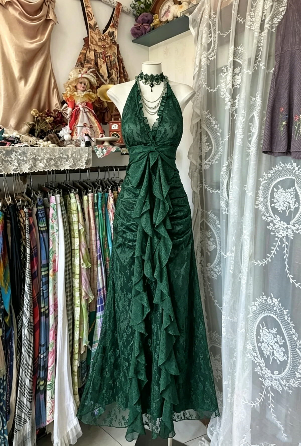 Charming Halter Deep V-Neck Ruffled Lace Ruched Evening Dress TP2013