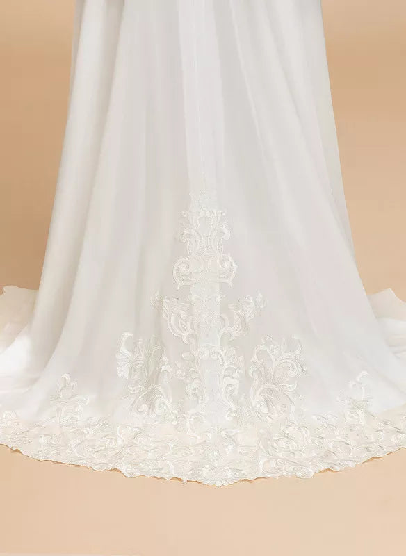 A-line V-neck short sleeved lace lace tied chiffon wedding dress