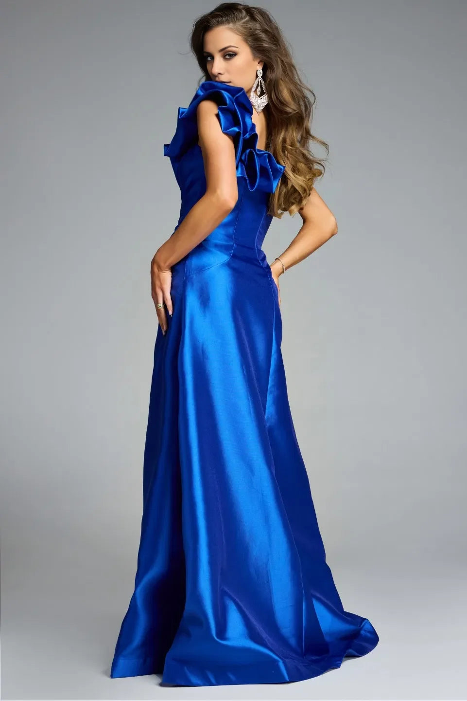 A-line asymmetrical collar satin and floor length evening dress