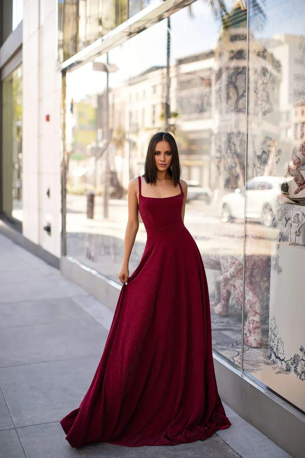 A-line square neckline off shoulder sleeveless backless and floor length evening dress