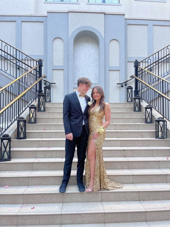 Glitter Mermaid Gold Sequins Long Prom Dress With Split Y6443