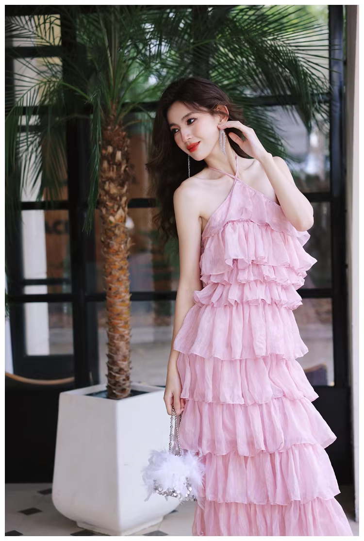 Pretty Pink Halter Chiffon Ruffle Layered Slit Long Birthday Prom Dress Evening Gown