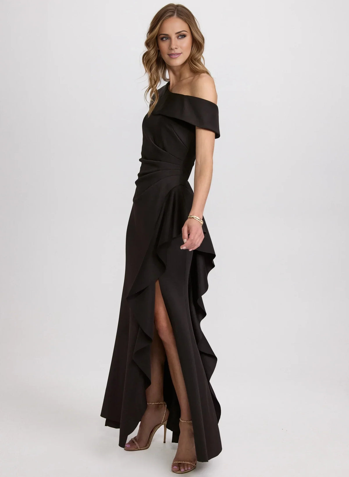 Asymmetric collar off shoulder sleeveless backless side slit and floor length Prom dress