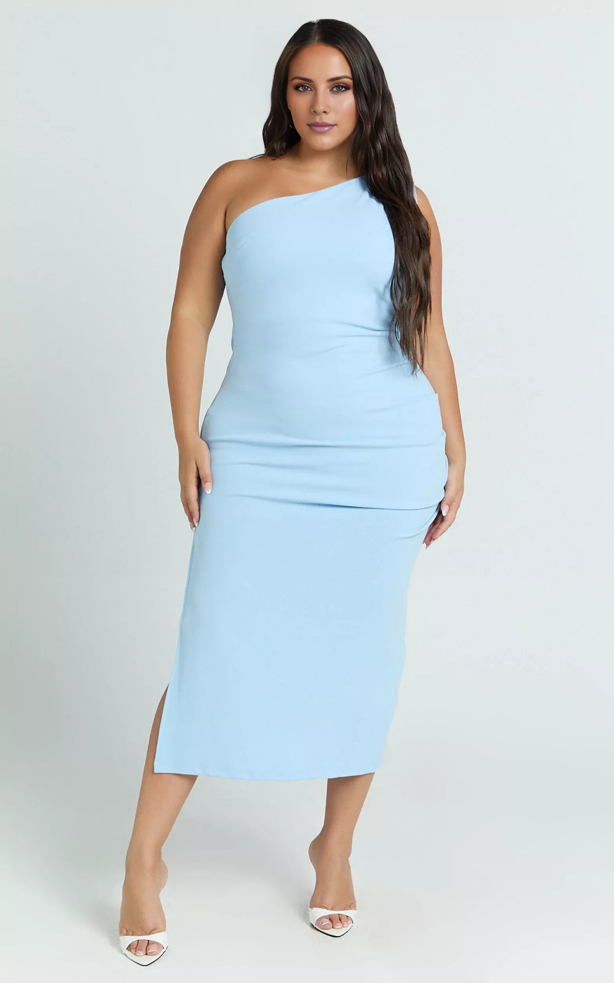 Asymmetric collar off shoulder sleeveless backless side slit and floor length Prom dress