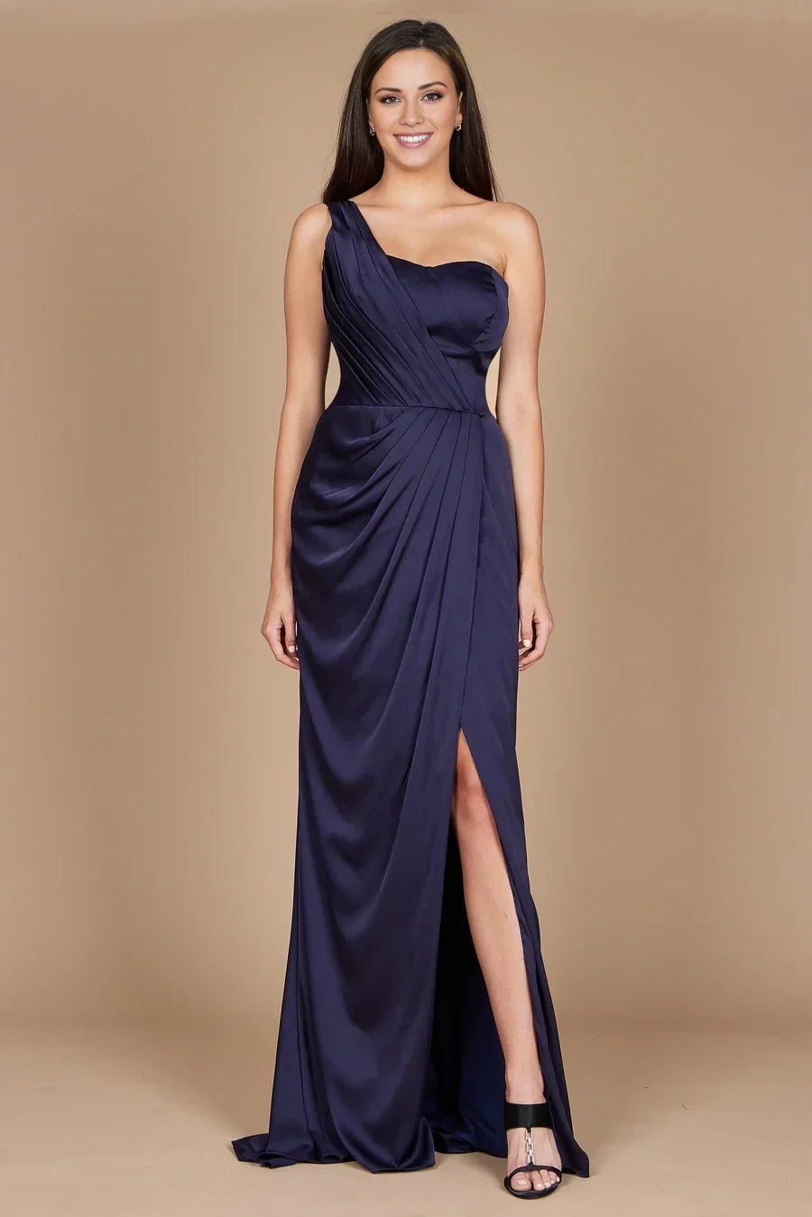 Asymmetric collar off shoulder sleeveless backless side slit and floor length Prom dress