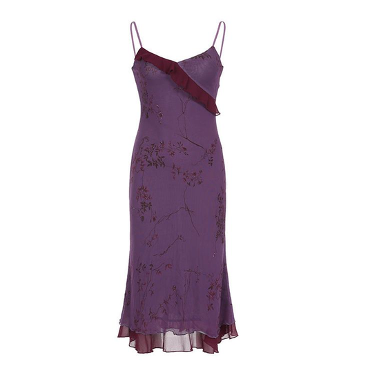 Purple Vintage Print Prom Dress Straps Party Evening Gown cc2307
