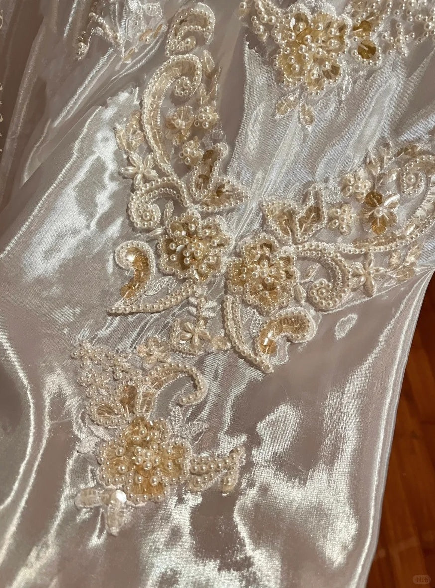 🎻Ivory white gorgeous beaded retro classical oil painting aristocratic girl handmade pearls and embroidery long floor-length satin ball gown evening dress wedding dress gh4543