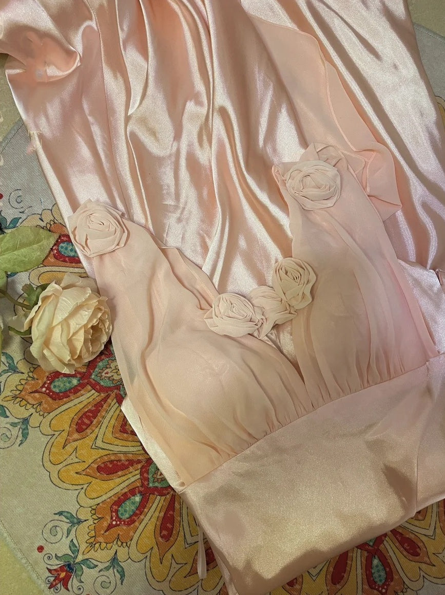 Morandi light pink floral long satin ball gown evening dress party dress gh4489