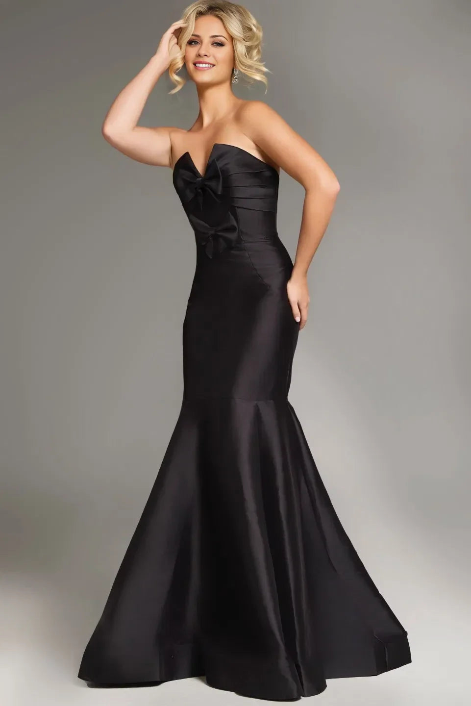 Bow detail off shoulder satin tail and floor length evening dress