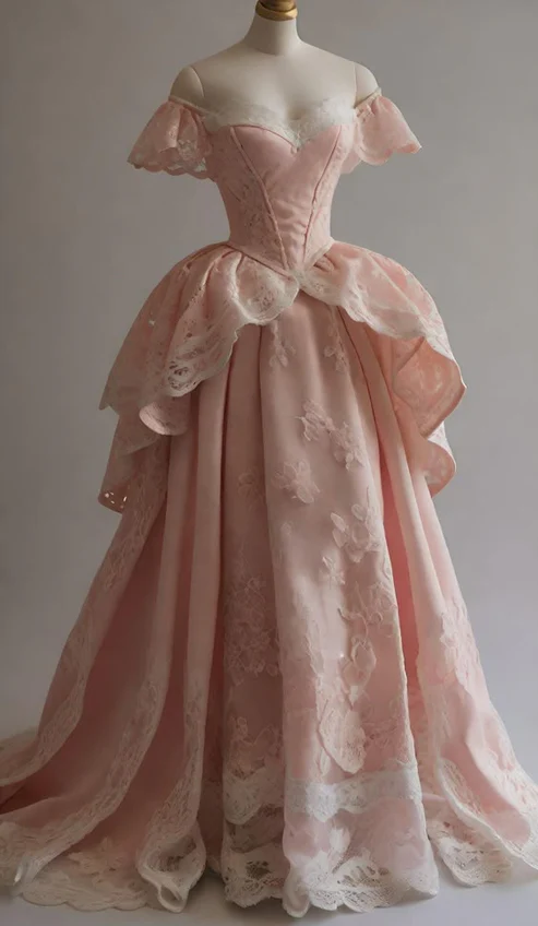 Gorgeous Ball Gown Off The Shoulder Pink Satin Lace Long Prom Dresses Evening Dress C2980