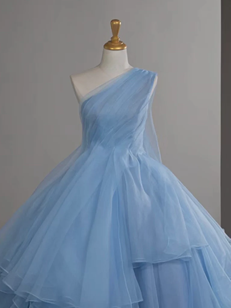 Pretty Ball Gown One Shoulder Tulle Blue Long Prom Dress, Blue Long Evening Dress C3697