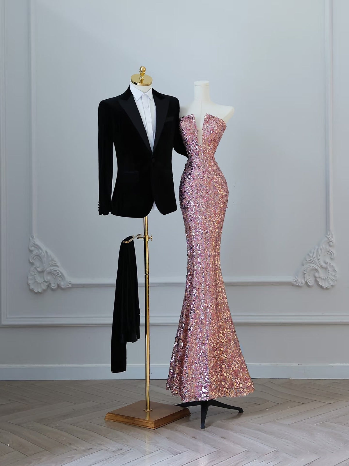 Sexy Mermaid Strapless Pink Sequin Long Prom Dresses Evening Gowns