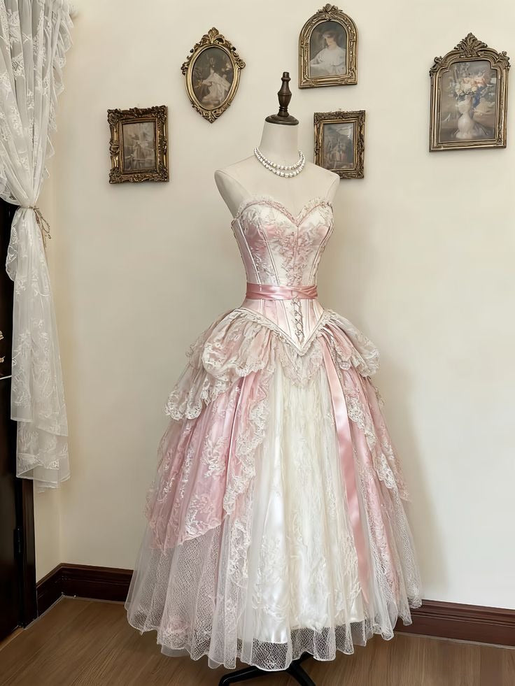 Vintage Ball Gown Sweetheart Satin Lace Without Sleeves Long Prom Dress, Evening Dress C6459