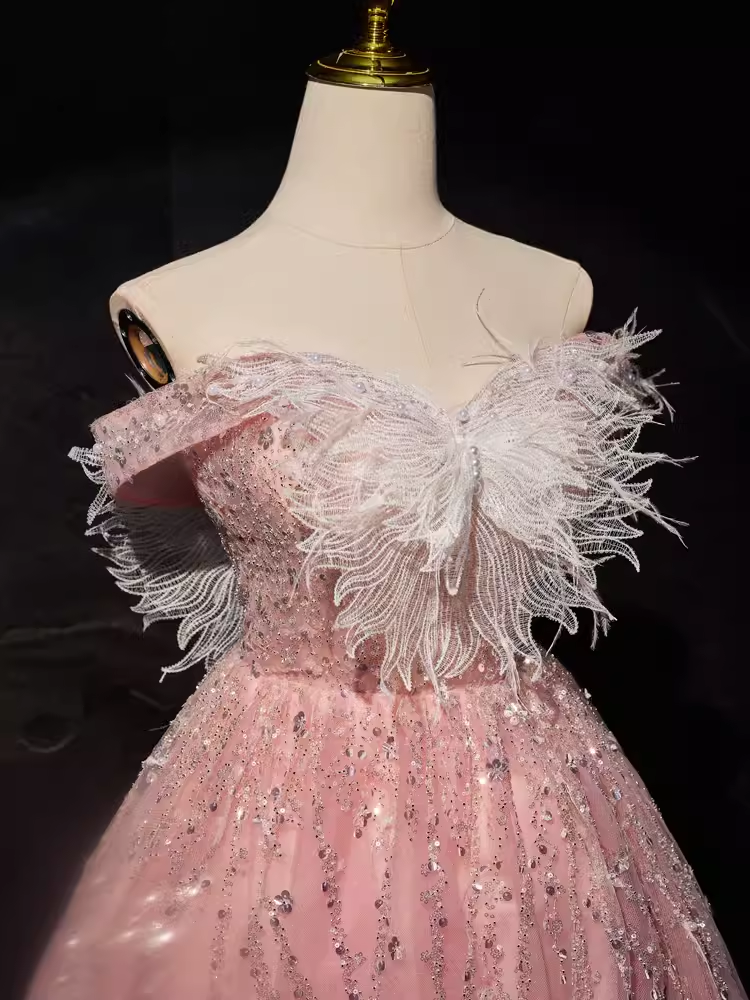 Modest Ball Gown Off The Shoulder Pink Tulle Birthday Outfits Homecoming Dress C943
