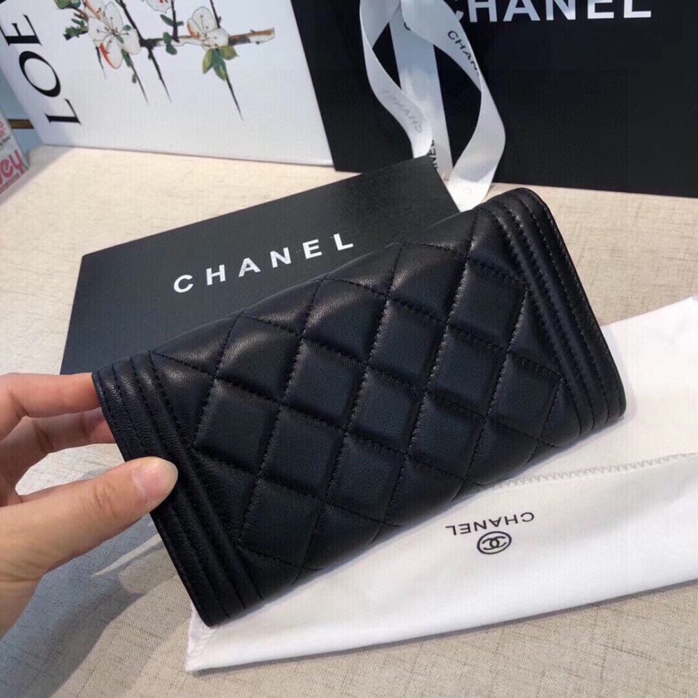 Chanel Boy Flap Long Wallet Ruthentium Hardware Black 19Cm