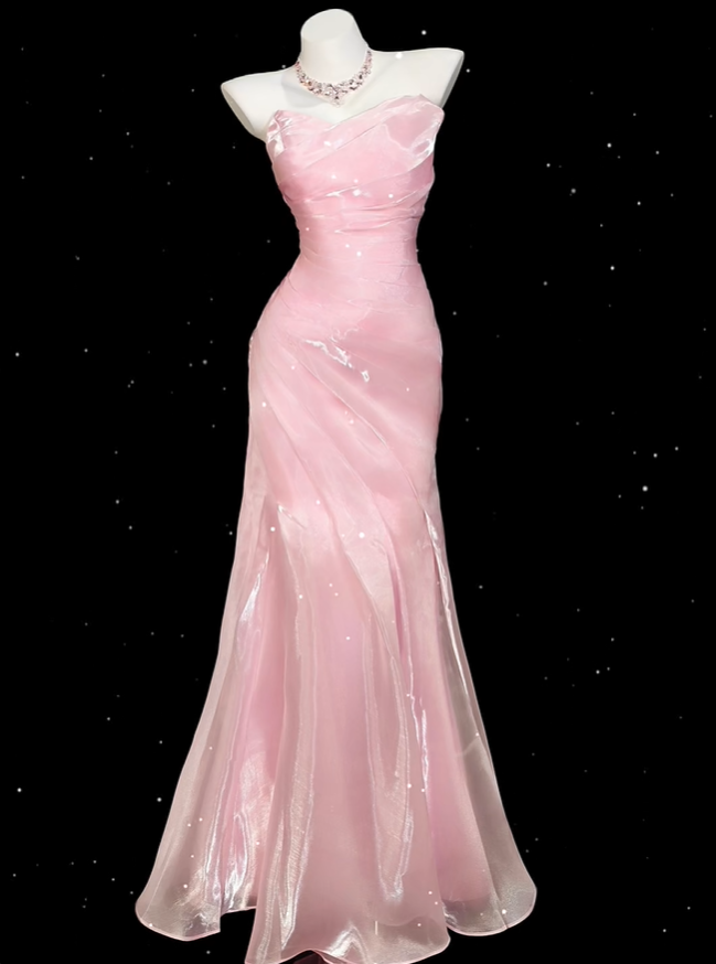 Classy Pink Strapless Organza Pleated Mermaid Long Birthday Party Dress Evening Gown