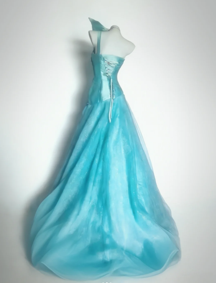 Gorgeous One Shoulder Blue Satin Tulle Beaded Mermaid Long Party Dress Prom Gown SP1594
