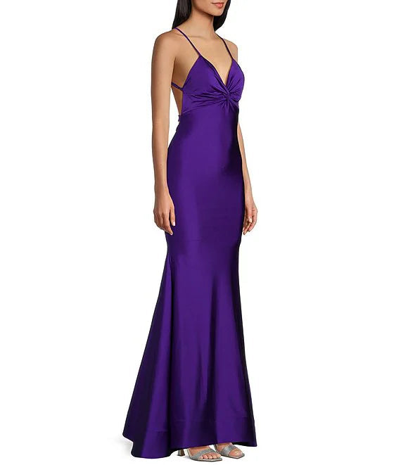 Sparkling twisted front V-neck thin shoulder strap dress prom dress