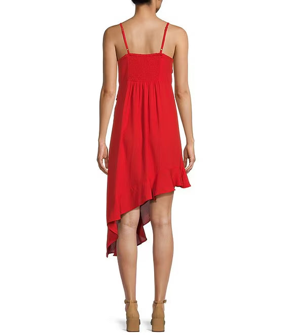 Sleeveless rose trim tight fitting corset with asymmetrical hem prom dress