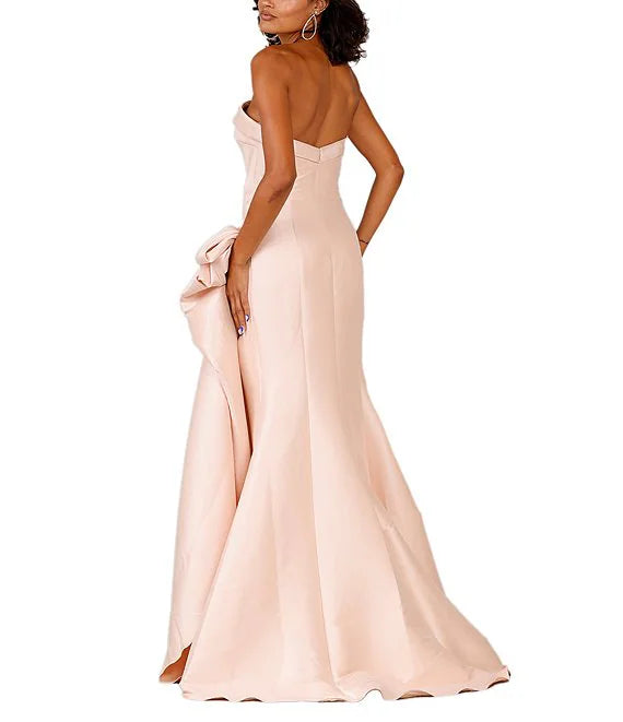 Shoulderless flanged neckline with pleated side slits and flared hem prom dress